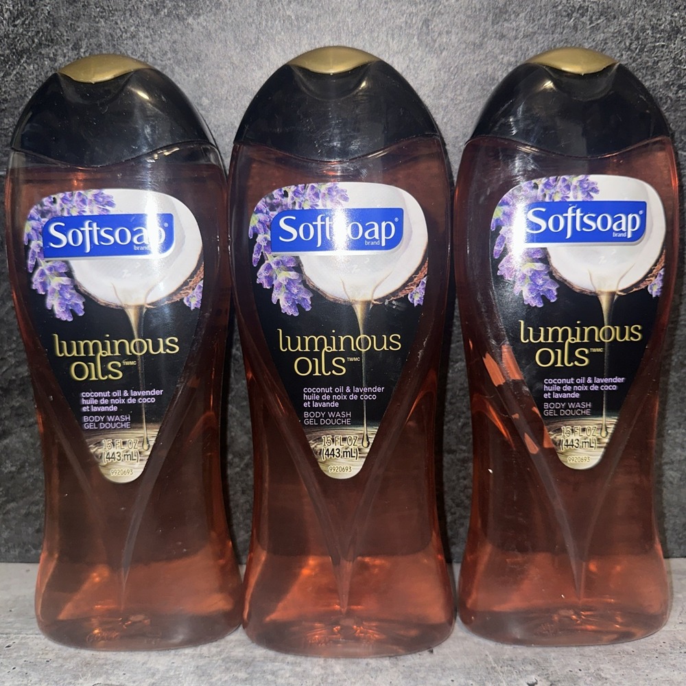 3 Lot Softsoap Body Wash Luminous Oils - Coconut Oil & Lavender Bottles 15fl